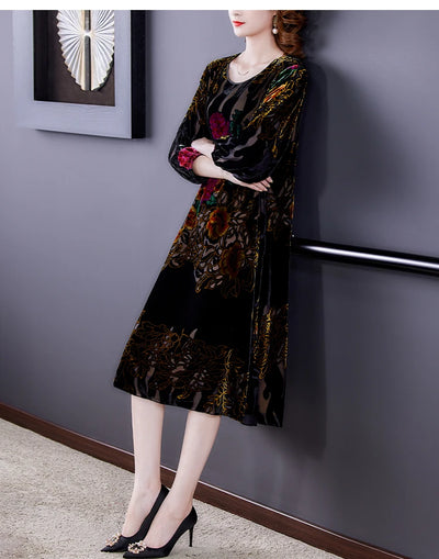 Floral Velvet Elegant Midi Dress Autumn Winter Korean Vintage