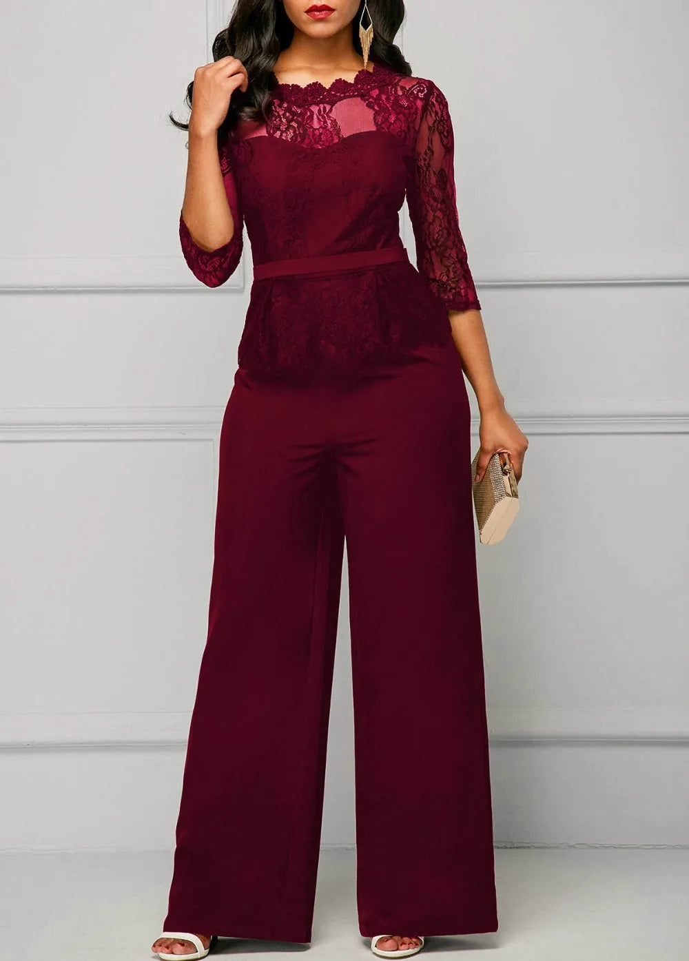 Sexy Jumpsuits Women Long Sleeve Lace Patchwork Jumpsuit Loose Trousers