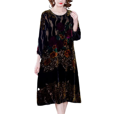 Floral Velvet Elegant Midi Dress Autumn Winter Korean Vintage