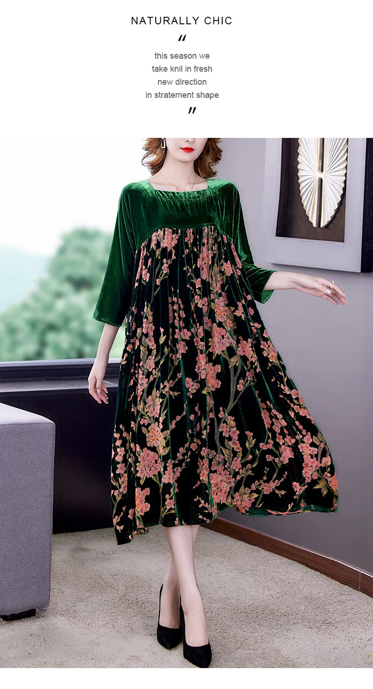 Casual Mom's Loose Maxi Robe  Long Sleeves Printing Winter Party Vestidos
