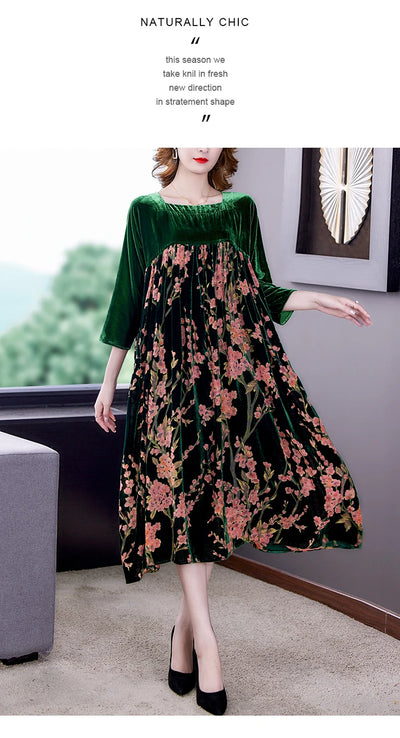 Casual Mom's Loose Maxi Robe  Long Sleeves Printing Winter Party Vestidos