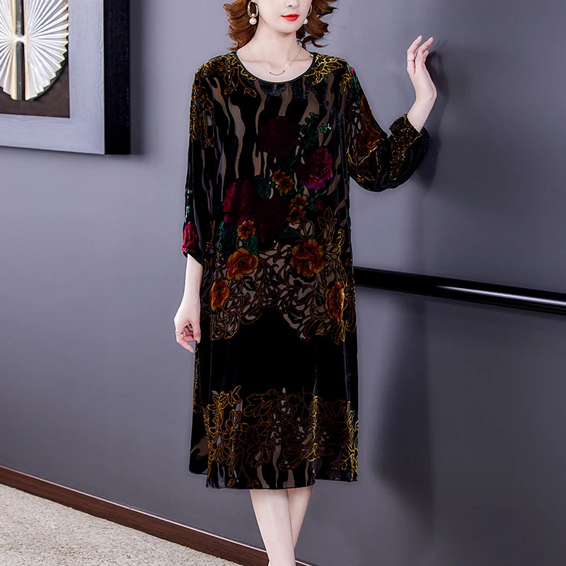 Floral Velvet Elegant Midi Dress Autumn Winter Korean Vintage