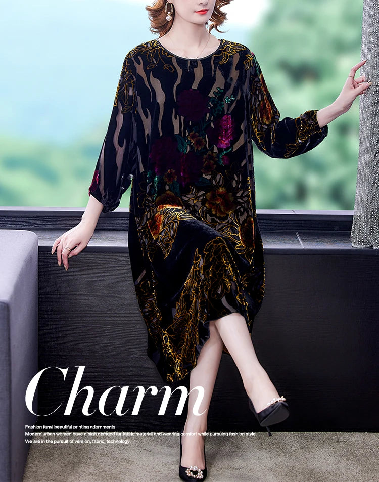 Floral Velvet Elegant Midi Dress Autumn Winter Korean Vintage