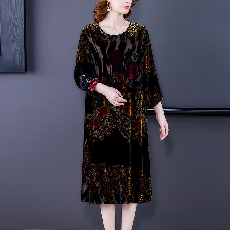 Floral Velvet Elegant Midi Dress Autumn Winter Korean Vintage