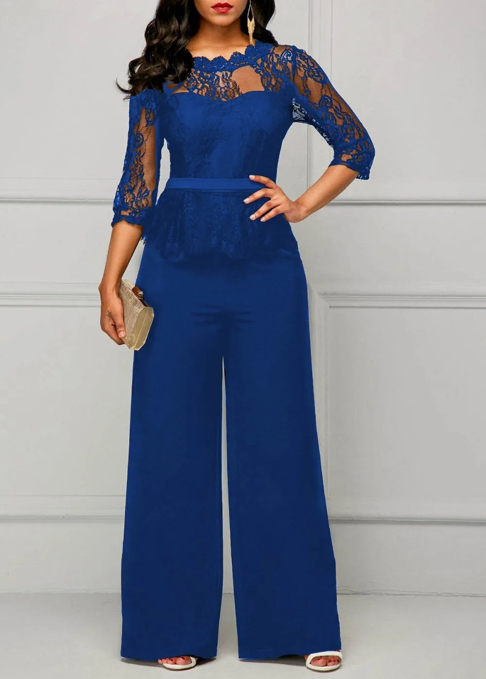 Sexy Jumpsuits Women Long Sleeve Lace Patchwork Jumpsuit Loose Trousers