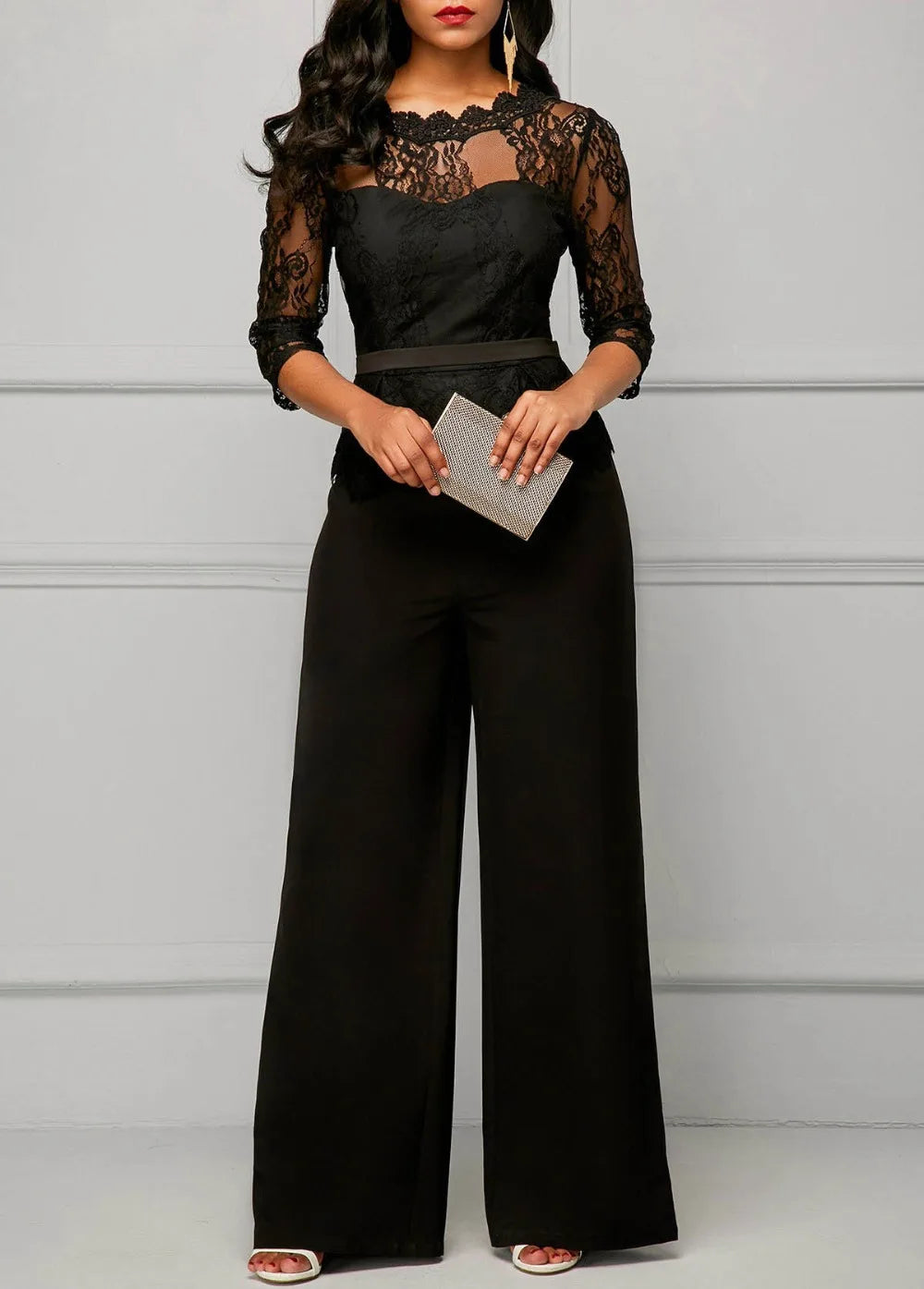 Sexy Jumpsuits Women Long Sleeve Lace Patchwork Jumpsuit Loose Trousers