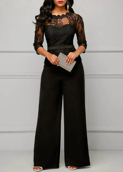Sexy Jumpsuits Women Long Sleeve Lace Patchwork Jumpsuit Loose Trousers