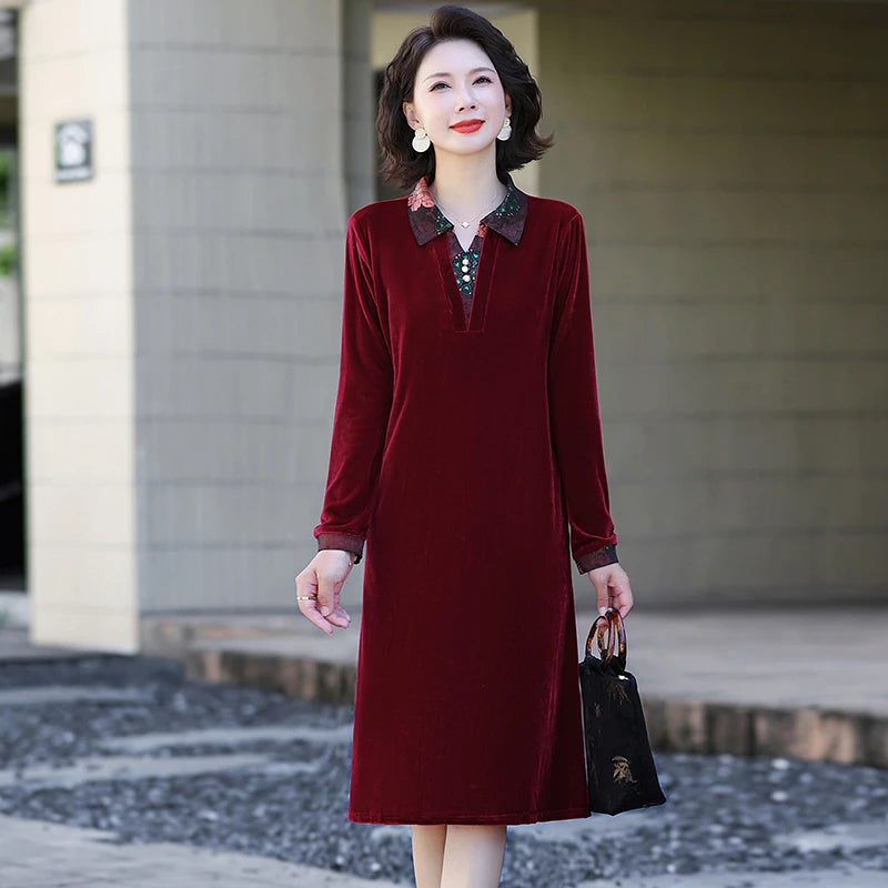 Velvet Midi Dress Women's Velvet Full Sleeve Knee-length Regular Shirt