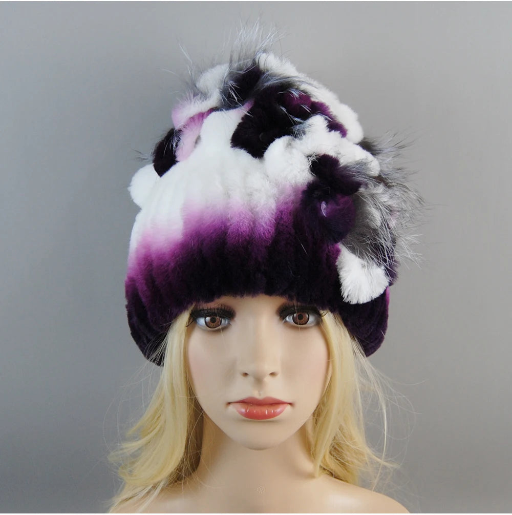 Luxury Women Fur Hat For Winter Handmade Natural Rex Rabbit Fox .