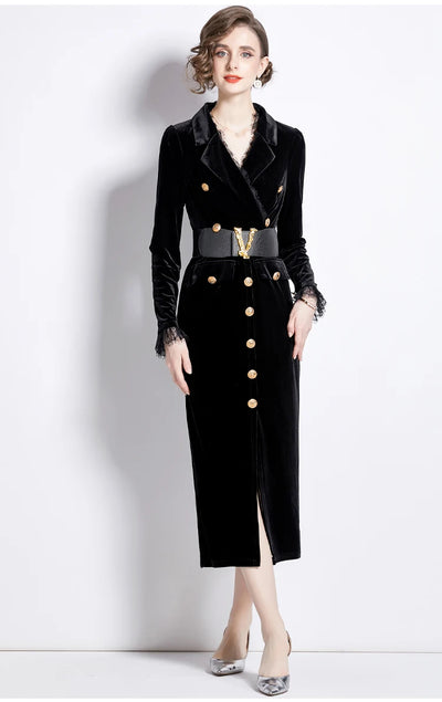 V-Neck Velvet Dress Women Long Sleeve Fashion Metre Buttons Split Sheath