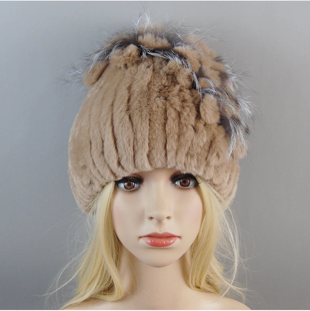 Luxury Women Fur Hat For Winter Handmade Natural Rex Rabbit Fox .