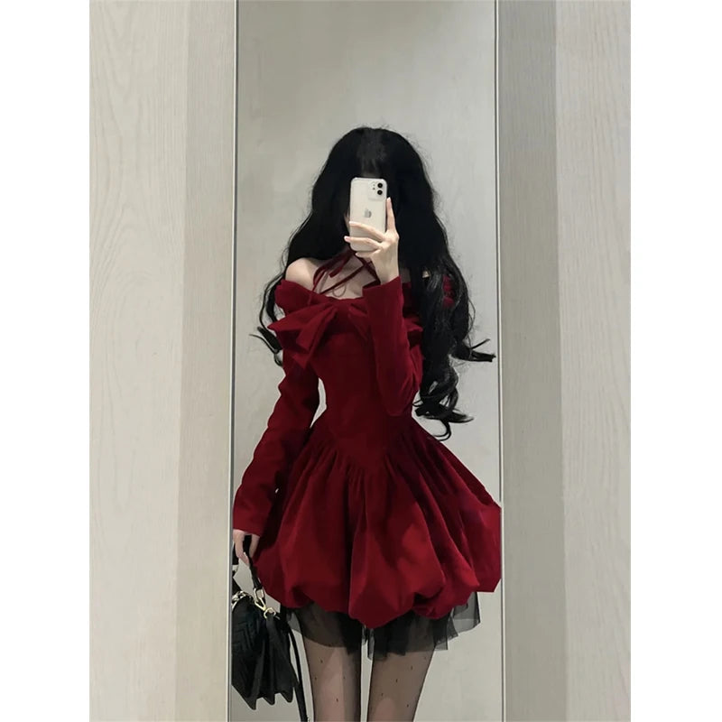 Y2K Sexy Slash Neck Red Velvet Dresses Winter Kawaii Christmas Party