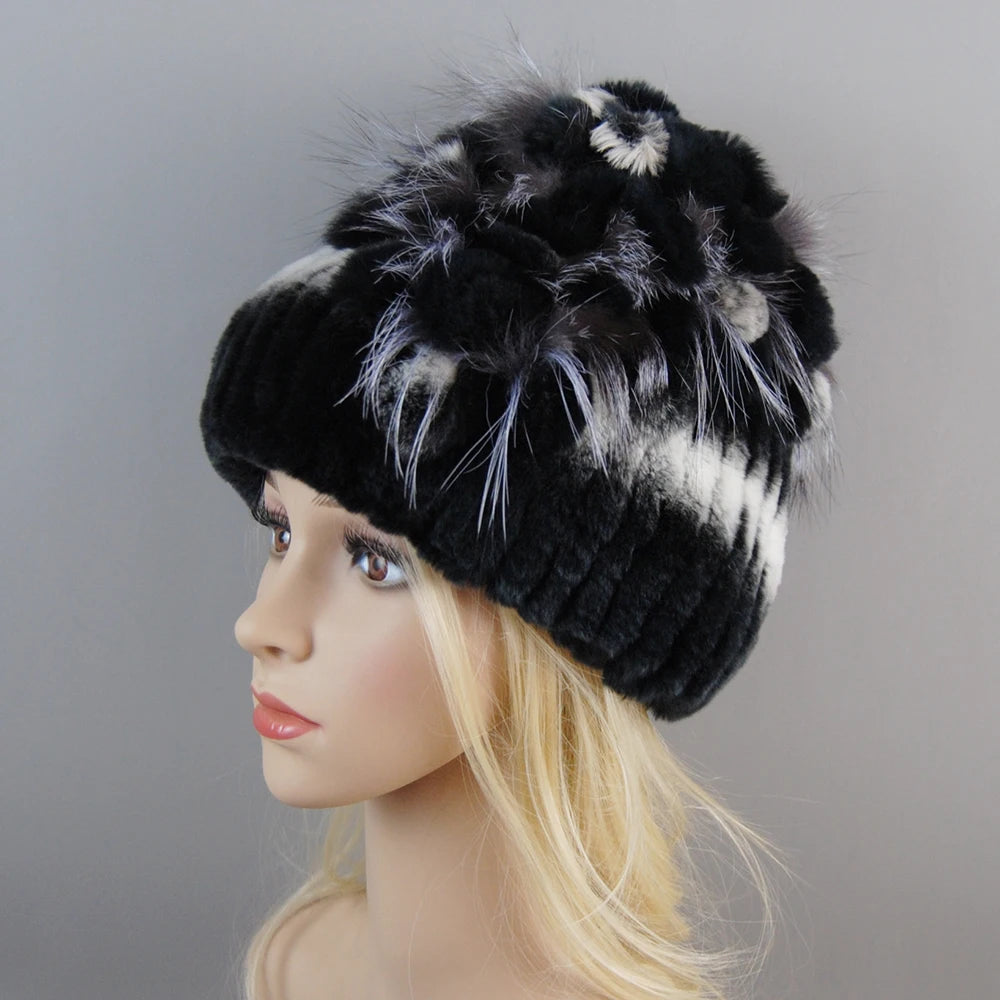 Luxury Women Fur Hat For Winter Handmade Natural Rex Rabbit Fox .