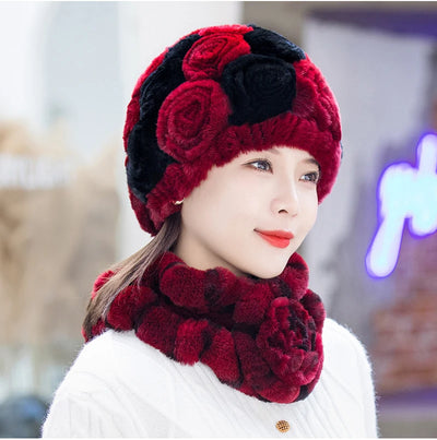 Winter Fur Hat Scarf Sets Natural Warm Real Rex Rabbit Fur