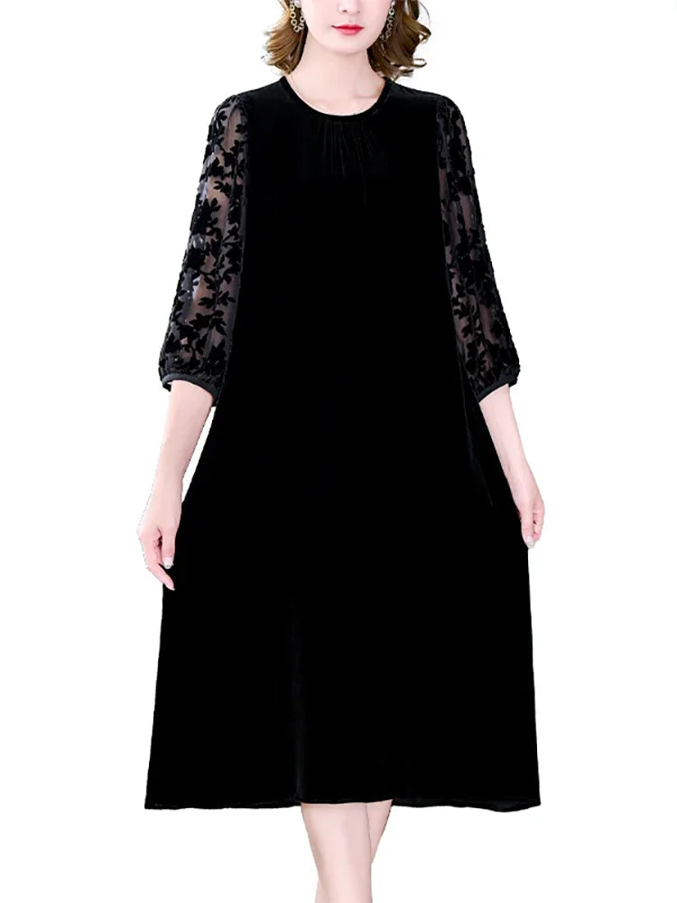 Velvet Chic Hook Flower Hollow Sexy Midi Dress Women Solid