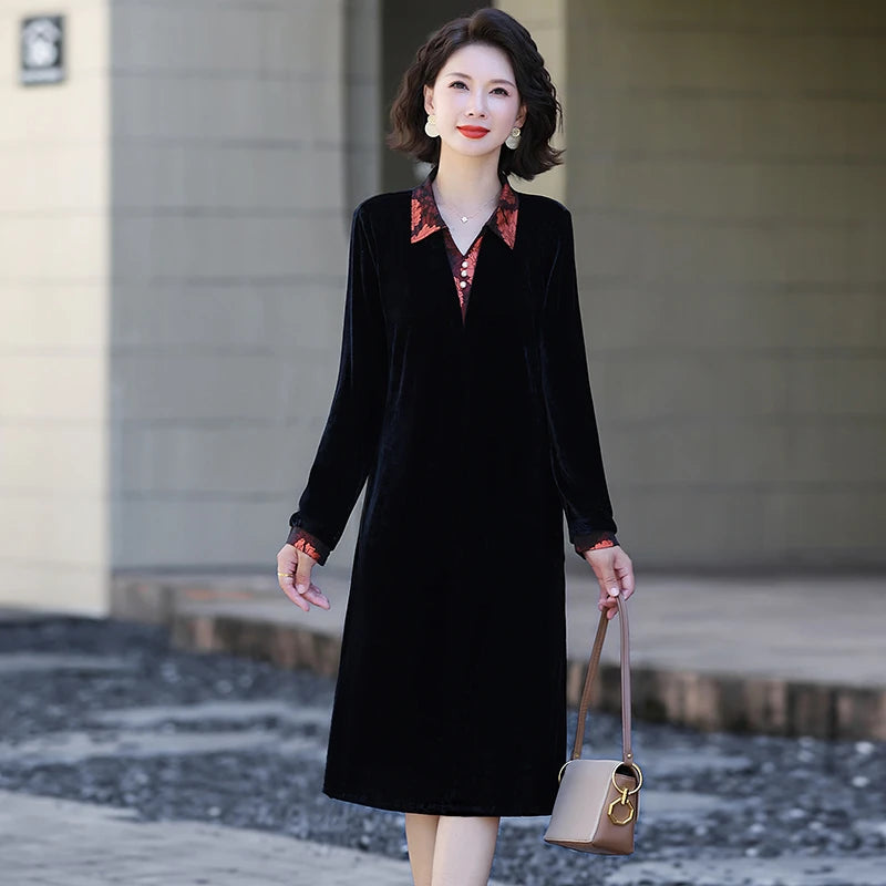 Velvet Midi Dress Women's Velvet Full Sleeve Knee-length Regular Shirt
