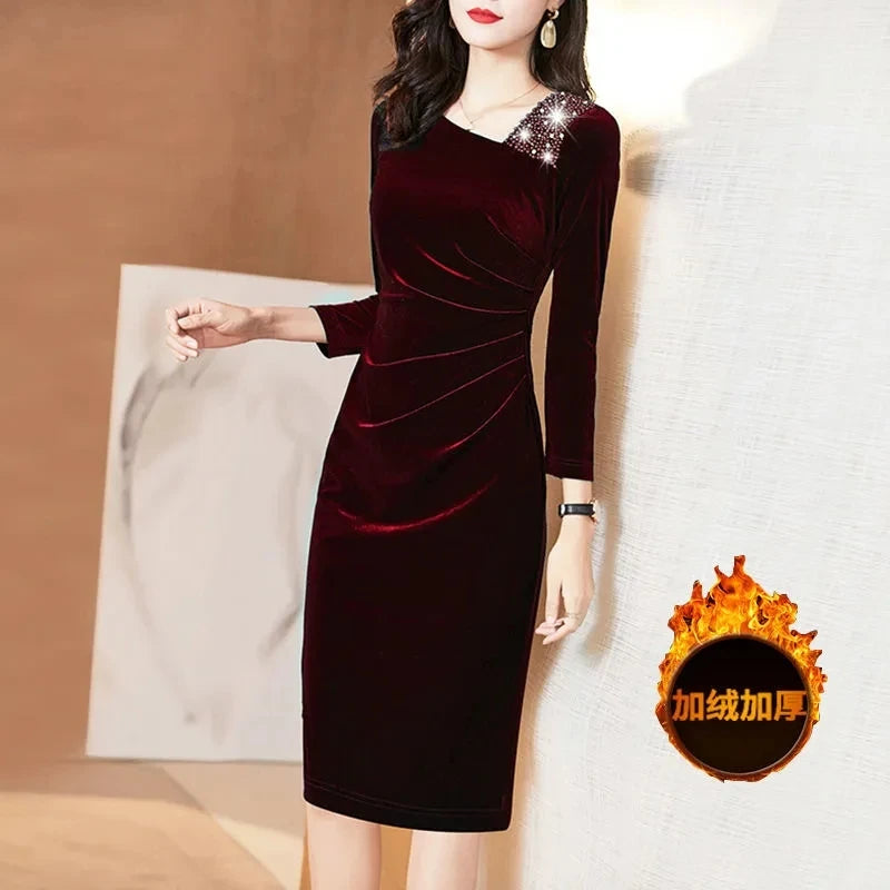 Golden Velvet Dress For Women  Long Sleeve Dress Velvet Thickened Hip