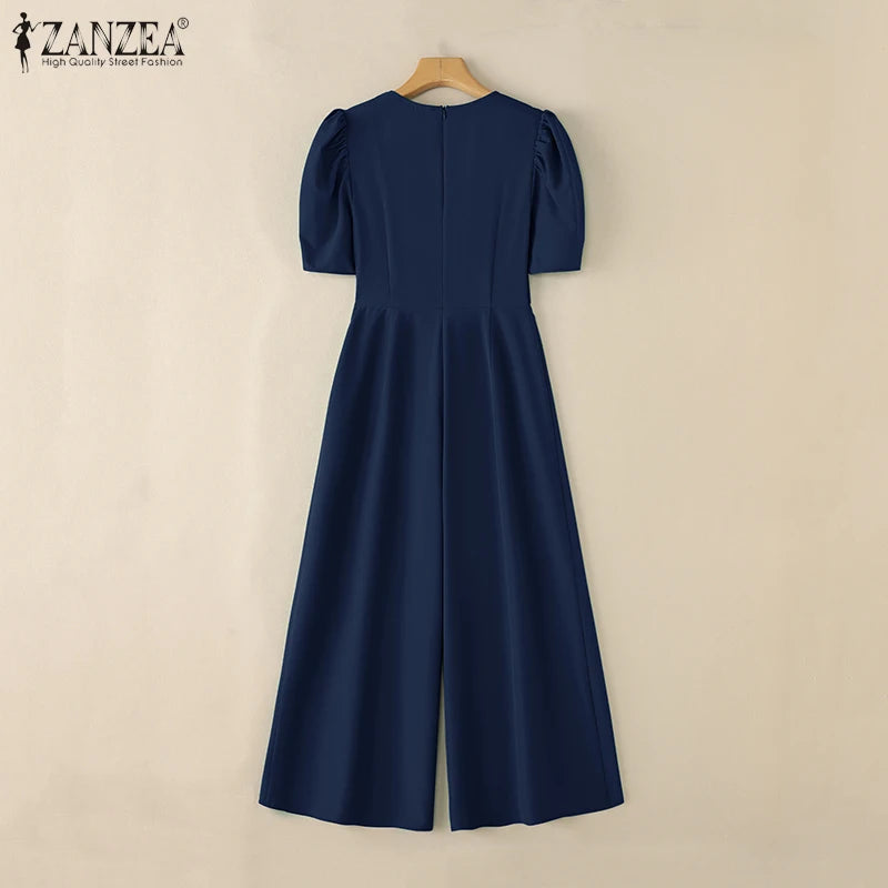 Office Casual Loose Short Sleeve Playsuits Solid Color Wide Leg Jumpsuits