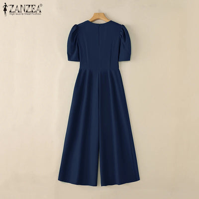 Office Casual Loose Short Sleeve Playsuits Solid Color Wide Leg Jumpsuits