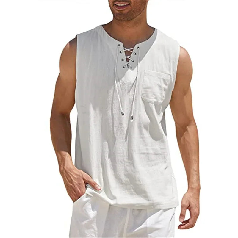 Men's Casual Shirts Leeveless Vest Bandage Lace Up Blouse Retro V Neck