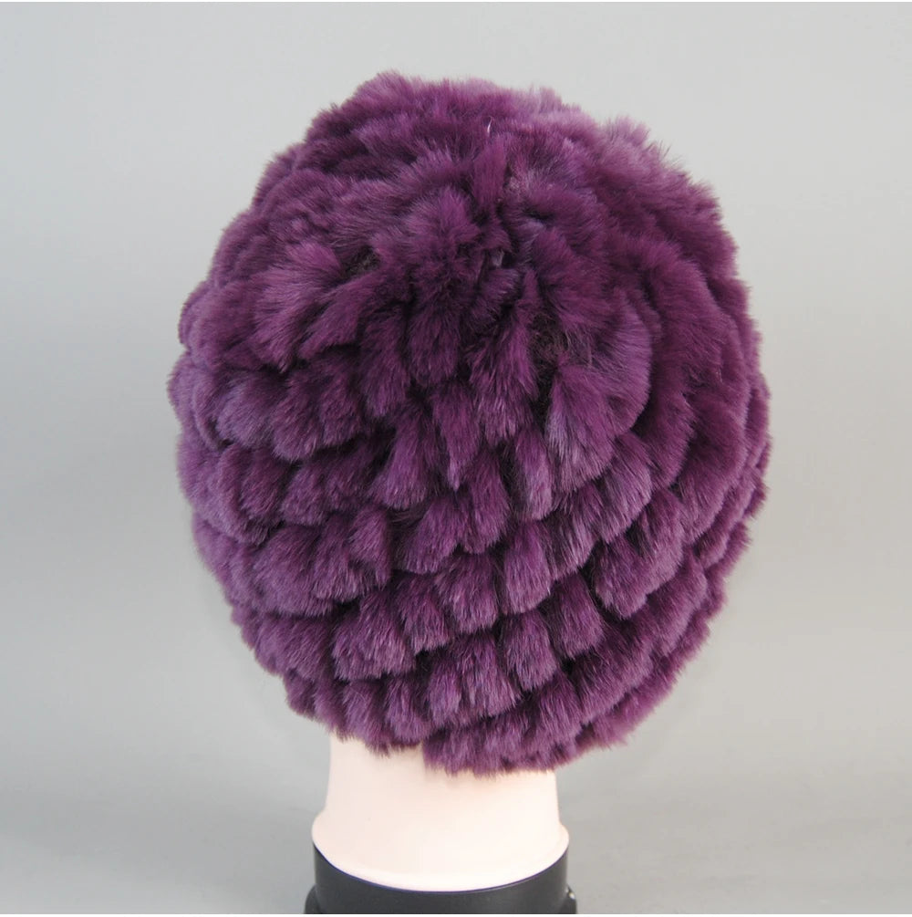 Real Rex Rabbit Winter Fur Hat For Women Russian Real Fur Knitted Cap