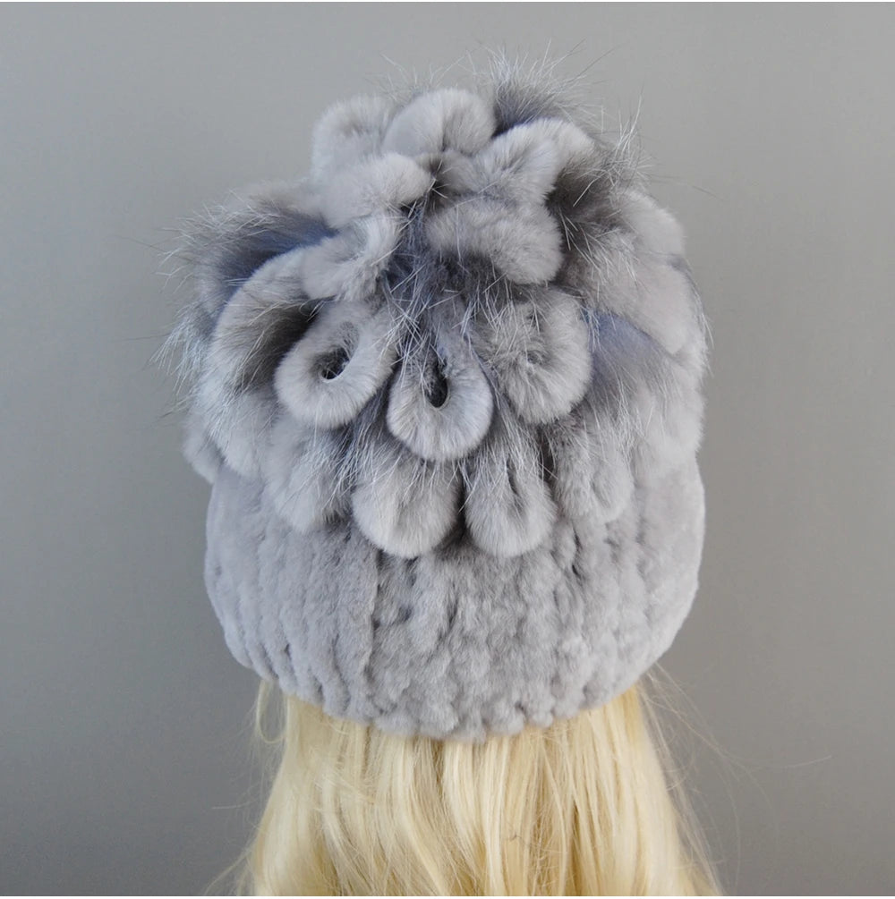 Luxury Women Fur Hat For Winter Handmade Natural Rex Rabbit Fox .