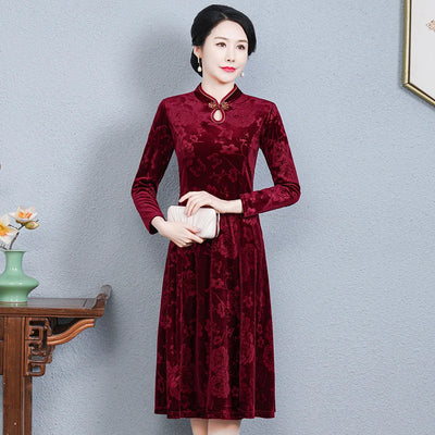 Long Dresses Female Golden Velvet Cheongsam Dress