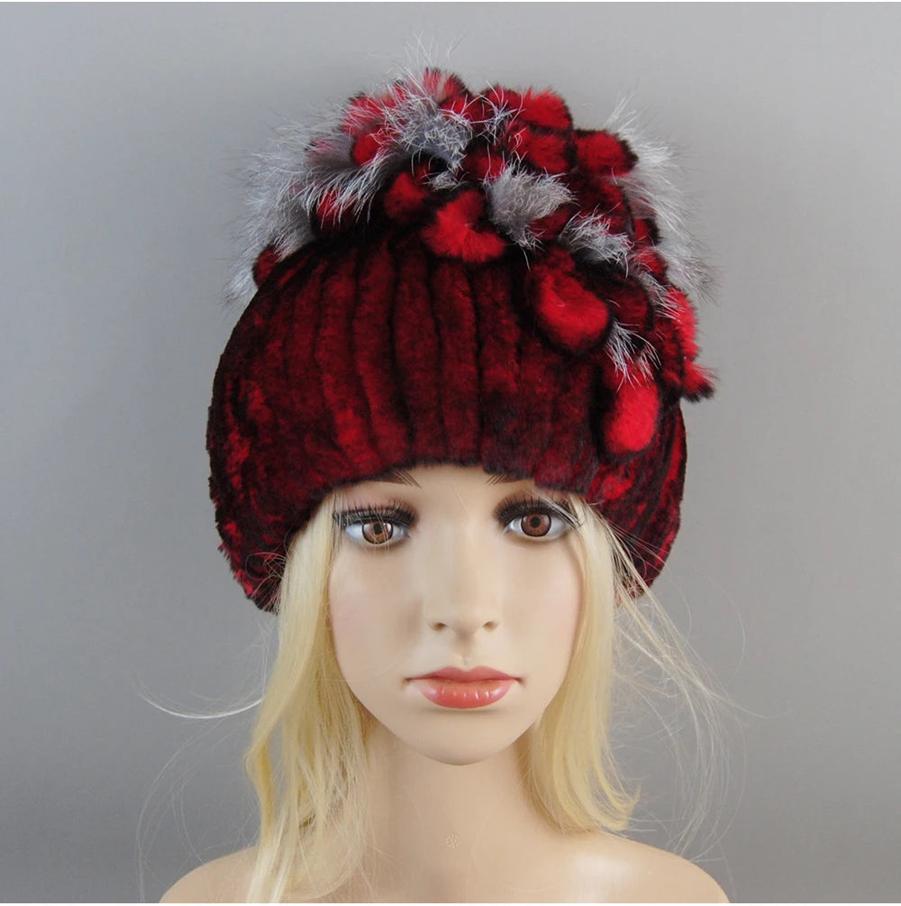 Luxury Women Fur Hat For Winter Handmade Natural Rex Rabbit Fox .