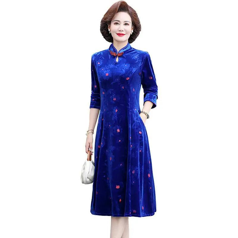 Embroidery Gold Velvet Cheongsam Long Dress Women