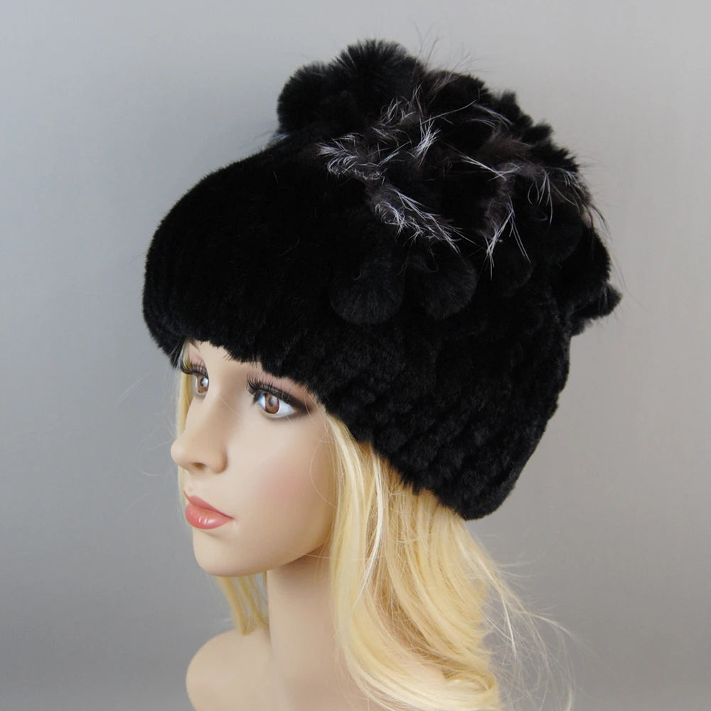 Luxury Women Fur Hat For Winter Handmade Natural Rex Rabbit Fox .