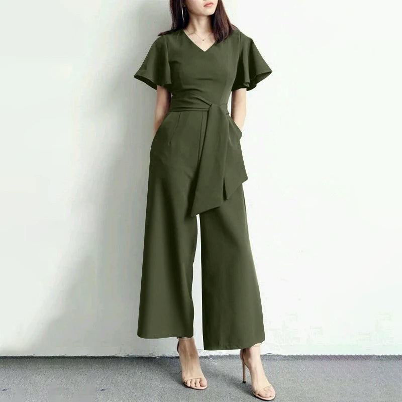 Wide Leg Jumpsuits Summer V Neck Short Sleeve Rompers Elegant