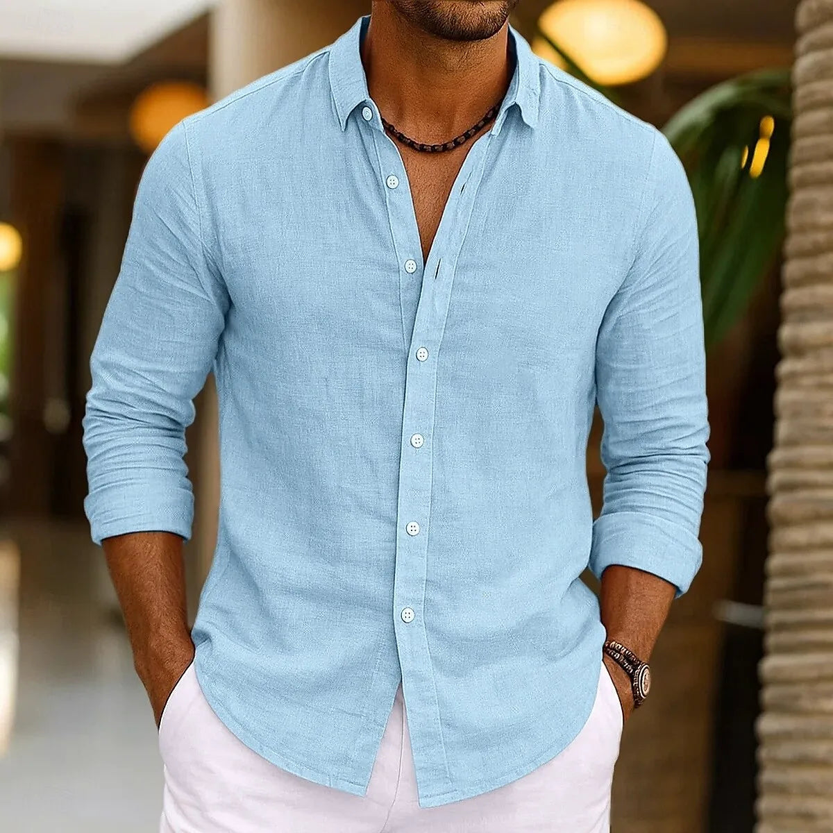 Men's Linen Shirt Summer Beachwear Button Solid Color Cotton Linen