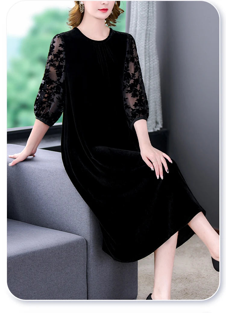 Velvet Chic Hook Flower Hollow Sexy Midi Dress Women Solid