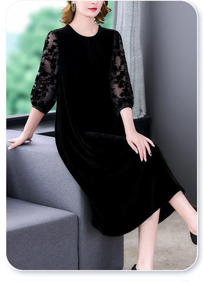 Velvet Chic Hook Flower Hollow Sexy Midi Dress Women Solid