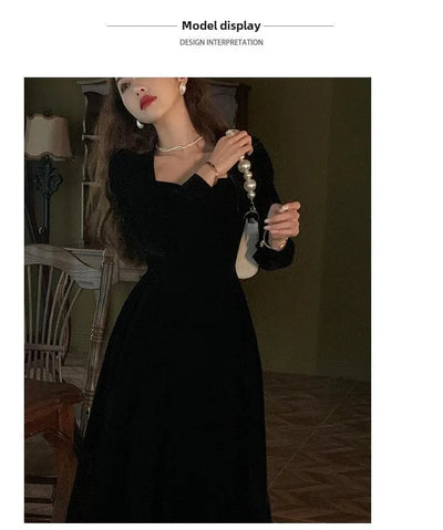 Gold Velvet Women's Dress Elegant Waist-Cinching Ladylike Style