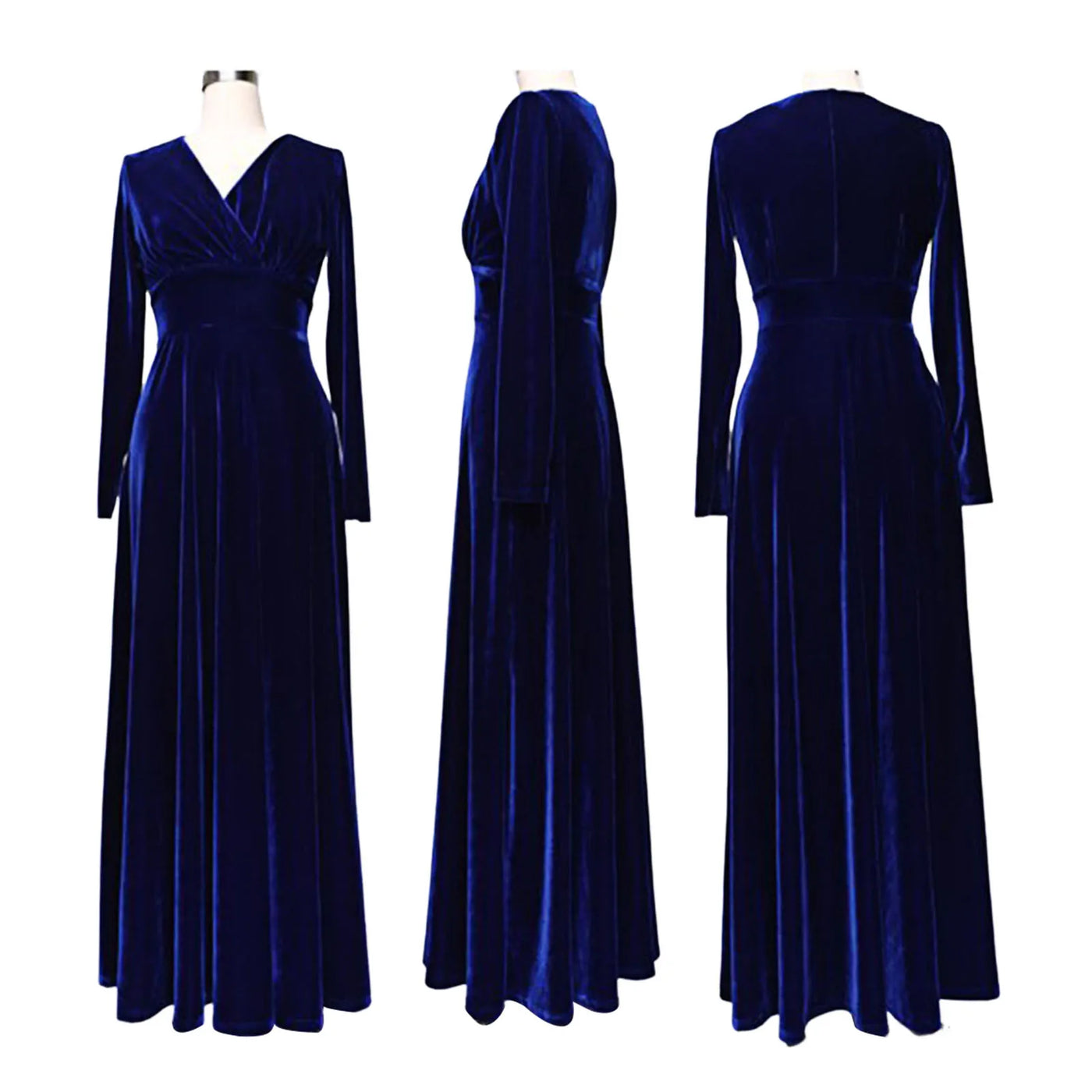 Long Sleeve V Neck Pleated Velvet Banquet Party Maxi Dress Party Wedding