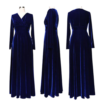 Long Sleeve V Neck Pleated Velvet Banquet Party Maxi Dress Party Wedding