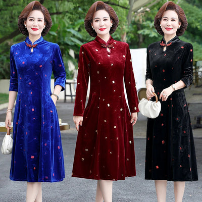 Embroidery Gold Velvet Cheongsam Long Dress Women