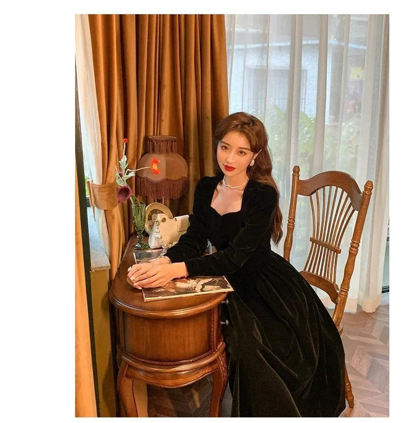 Gold Velvet Women's Dress Elegant Waist-Cinching Ladylike Style