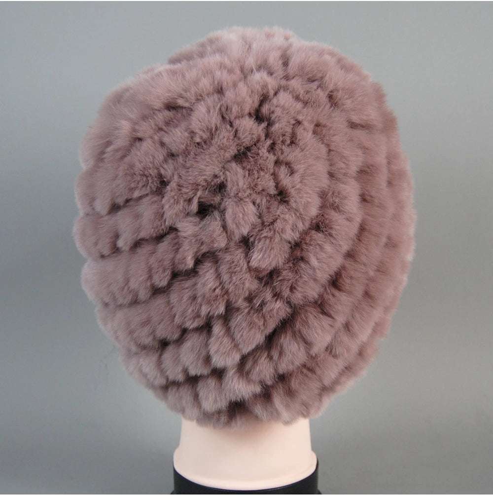 Real Rex Rabbit Winter Fur Hat For Women Russian Real Fur Knitted Cap