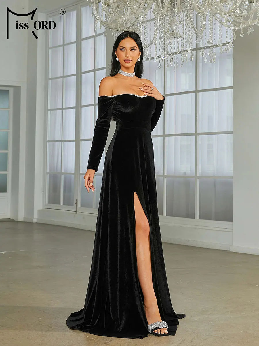 Velvet Evening Dress women Off Shoulder Long Sleeve Thigh Split