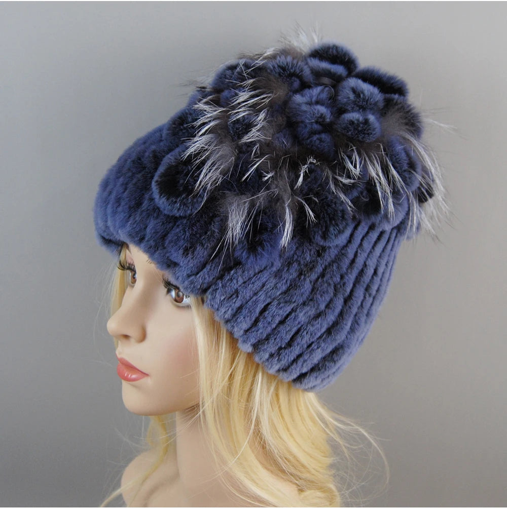 Luxury Women Fur Hat For Winter Handmade Natural Rex Rabbit Fox .