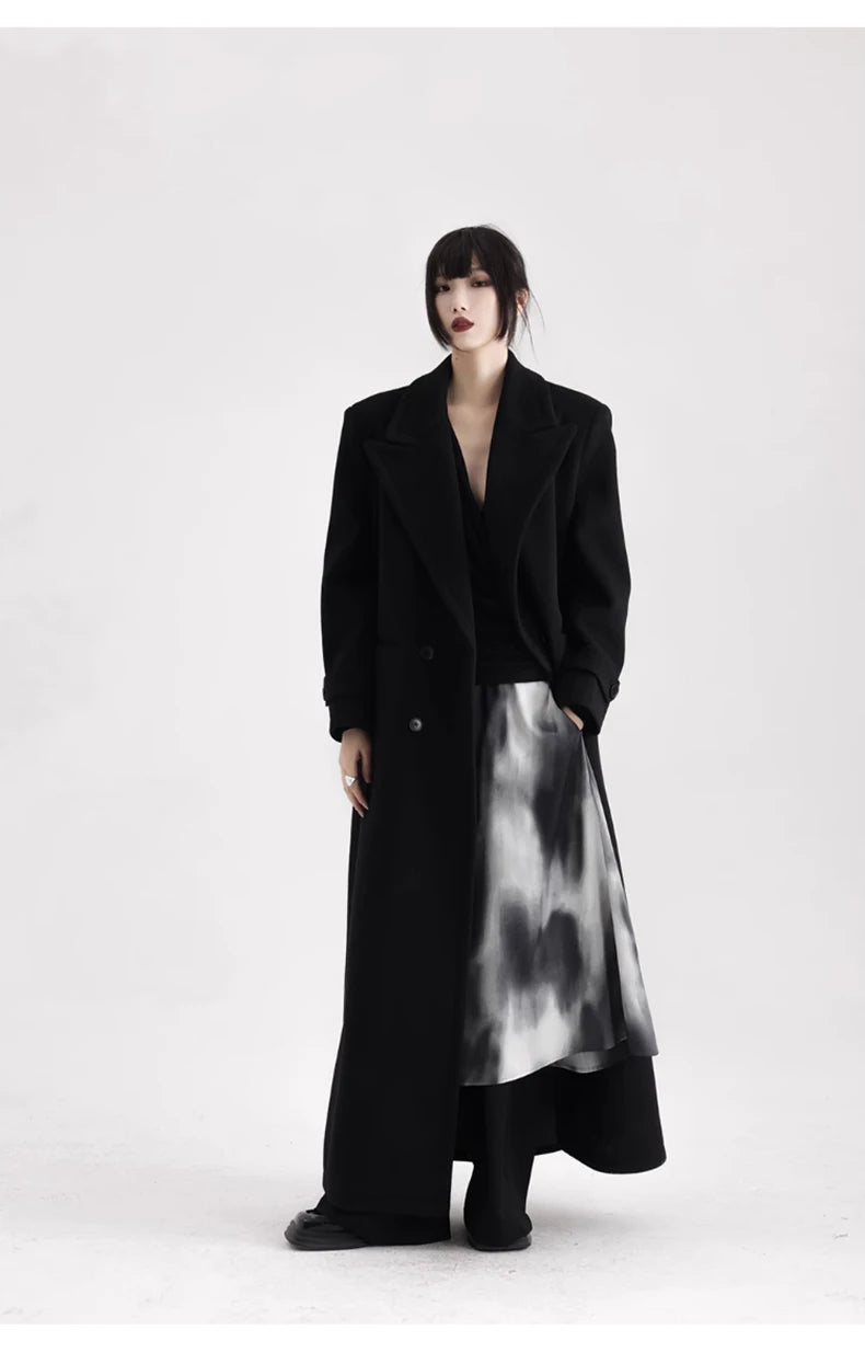 Winter Luxury Extra Long Black Warm Soft Wool & blends Coat for Women