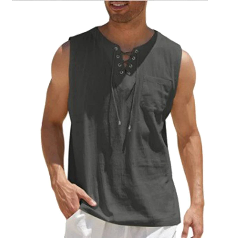 Men's Casual Shirts Leeveless Vest Bandage Lace Up Blouse Retro V Neck