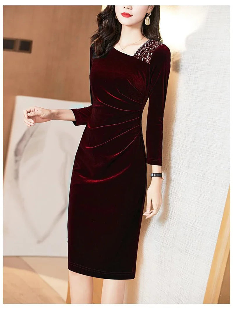 Golden Velvet Dress For Women  Long Sleeve Dress Velvet Thickened Hip