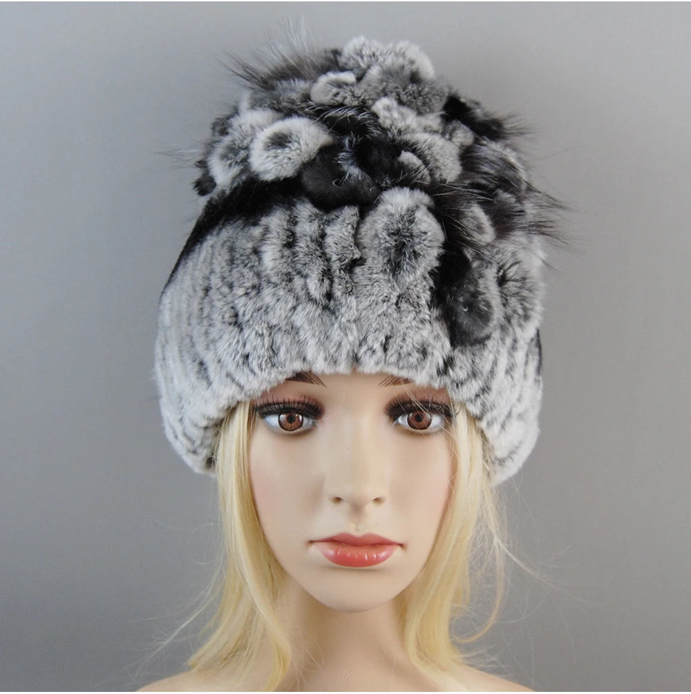 Luxury Women Fur Hat For Winter Handmade Natural Rex Rabbit Fox .