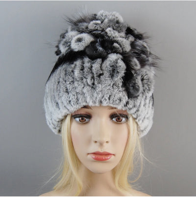 Luxury Women Fur Hat For Winter Handmade Natural Rex Rabbit Fox .