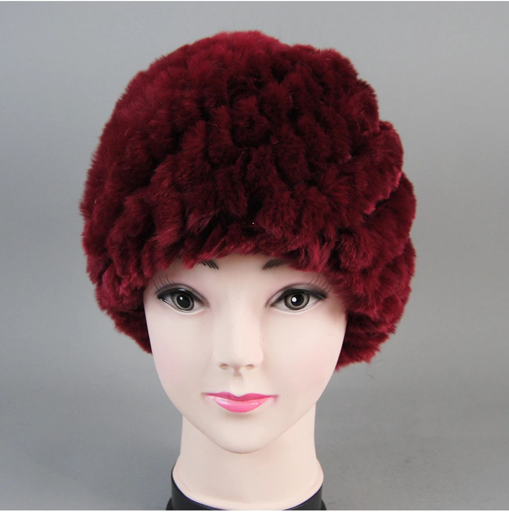 Real Rex Rabbit Winter Fur Hat For Women Russian Real Fur Knitted Cap