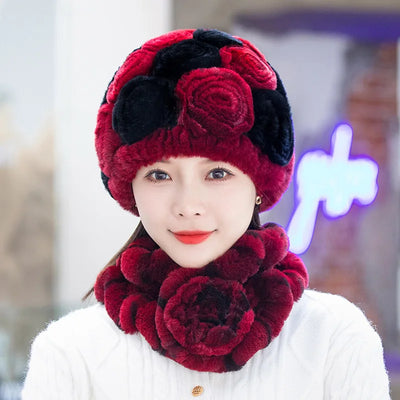 Winter Fur Hat Scarf Sets Natural Warm Real Rex Rabbit Fur