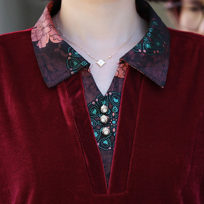 Velvet Midi Dress Women's Velvet Full Sleeve Knee-length Regular Shirt